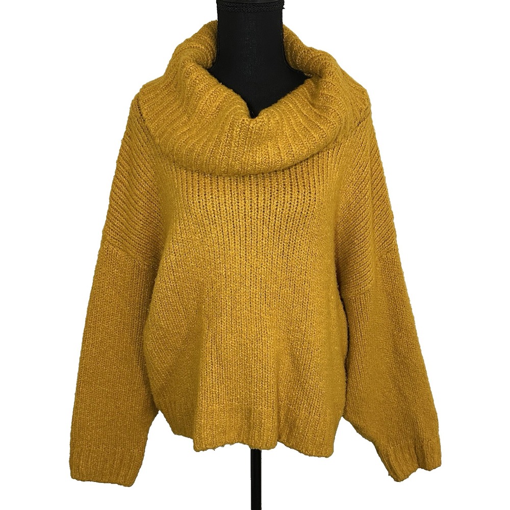 PILCRO Anthropologie LARGE Chunky Cowl Turtleneck Knit Sweater Mustard Yellow